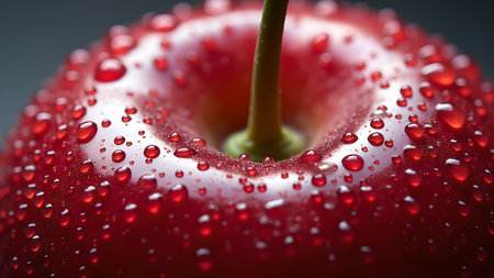 A close-up captures the beauty of a red apple, adorned with sparkling water droplets, highlighting its freshness and juicy appeal. The vibrant color and glistening surface create a mouthwatering and healthy image.の素材