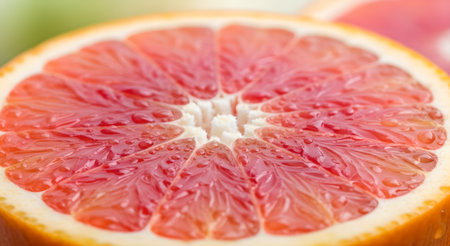A vibrant close-up shot of a red grapefruit, showcasing its juicy segments and refreshing texture. The image is perfect for illustrating healthy eating and a tropical touch.の素材