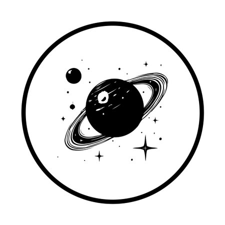 A minimalist black and white line art illustration of Saturn, surrounded by rings and stars, perfect for space, astronomy, or science-themed projects.のイラスト素材