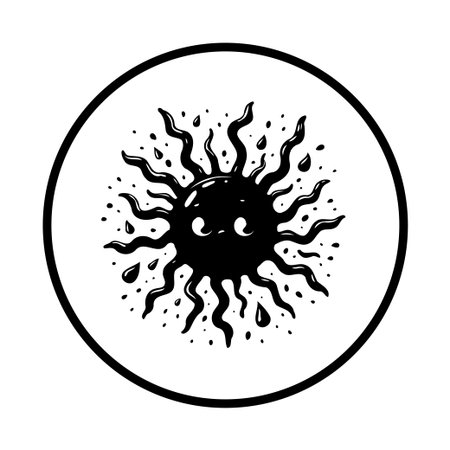 A minimalistic illustration features a cartoon sun, radiating energy. This abstract symbol, presented in black and white, works as an icon, emblem or design element.のイラスト素材