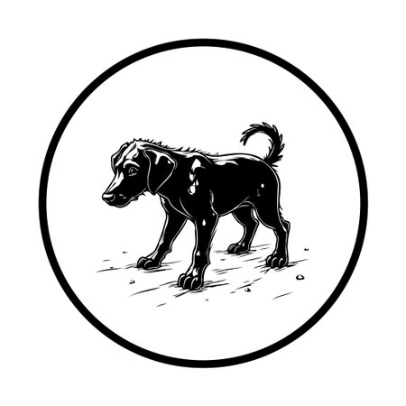 This monochrome artwork features a sleek black dog illustration within a circular emblem design. The intricate details of the drawing highlight the animal's elegant form and charm, perfect for various design applications.のイラスト素材