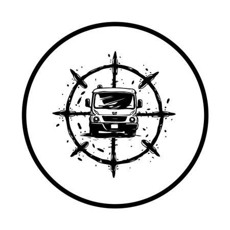 A vintage truck graphic inside a compass symbol, conveying themes of travel, adventure, exploration, and transportation. Suitable for tourism or transport industry branding.のイラスト素材