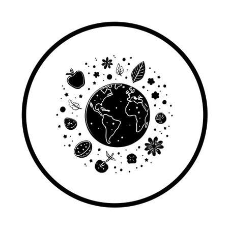 This vector illustration showcases a detailed depiction of planet Earth encircled by various plants fruits and leaves symbolizing nature and ecology representing a sustainable lifestyle.のイラスト素材