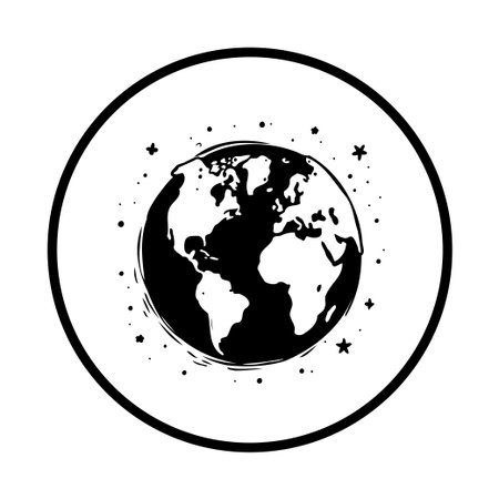 A minimalist black and white illustration of the Earth with stylized continents and scattered stars, encapsulated within a circular border, symbolizing worldwide connection.のイラスト素材