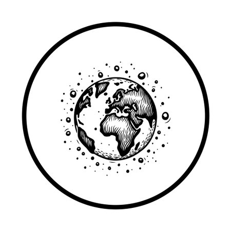 Monochrome vintage illustration of Earth with encircling frame. Symbolic representation of the planet, continents, countries and global connectivity in retro style.のイラスト素材