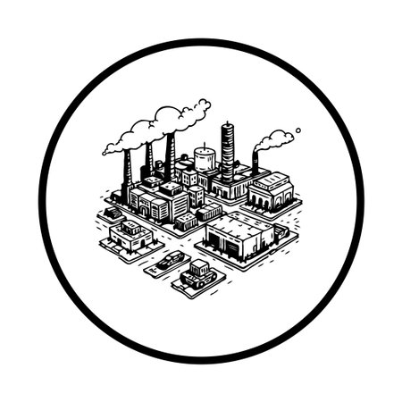 A minimalist hand-drawn illustration of an industrial cityscape featuring factories, power plants, and smoke, showcasing urban development and industrial activity.のイラスト素材
