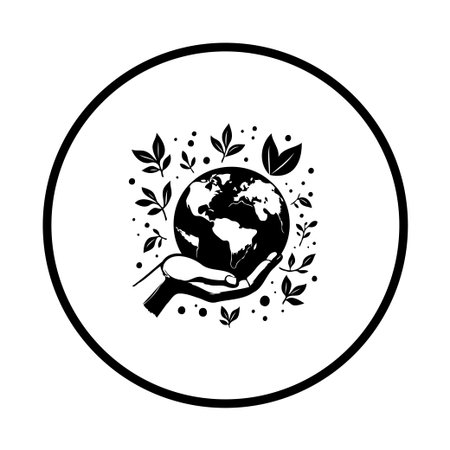 Black and white graphic illustration of a hand holding the Earth, surrounded by leaves, symbolizing environmental protection and sustainability efforts.のイラスト素材