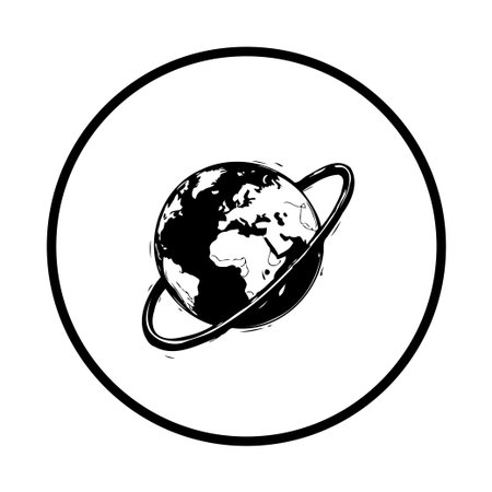 A simple black and white illustration of the Earth encircled by a ring, presented within a circular frame. Ideal for designs relating to global communication, environmental awareness, or technological networks.のイラスト素材