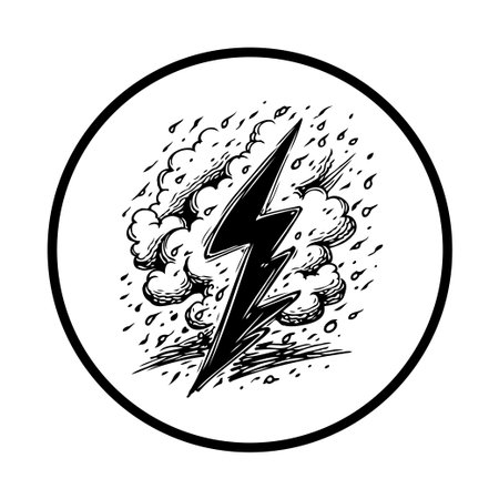 A black and white icon featuring a jagged lightning bolt amidst stormy clouds and falling rain, conveying the intensity and drama of severe weather.のイラスト素材