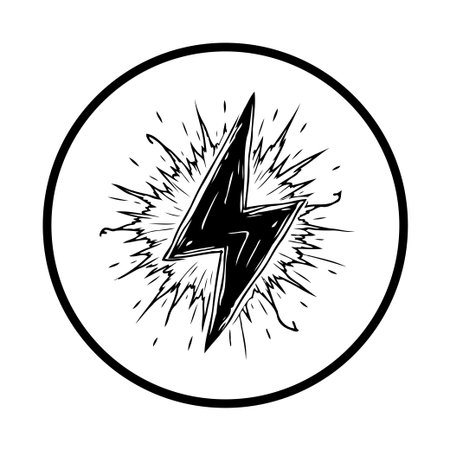 A hand-drawn illustration of a lightning flash enclosed within a circle, symbolizing power, energy, and electrical danger.のイラスト素材