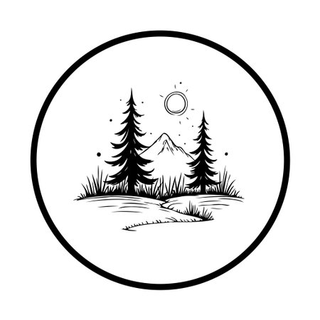 A minimalistic black and white illustration depicting a mountain landscape with evergreen trees, a winding path, and a serene atmosphere.のイラスト素材