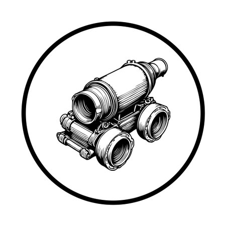 A detailed steampunk-inspired illustration features a fantasy machine, blending retro and futuristic elements. The monochrome design showcases intricate mechanical details, set within a clean circular frame.のイラスト素材