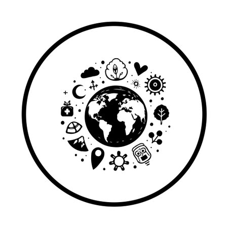 Illustration of the Earth with environmental icons around it, symbolizing the need for nature conservation and ecological balance for a sustainable future.のイラスト素材