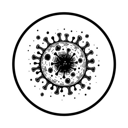 A detailed artistic illustration portrays the structure of the novel coronavirus, set within a circular boundary, highlighting the ongoing pandemic and its associated health implications.のイラスト素材