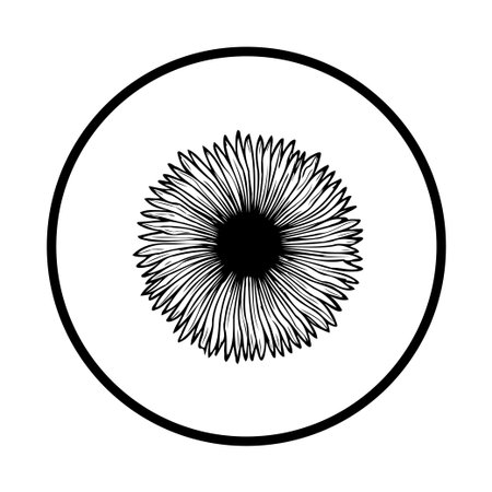 A minimalist black and white floral design features a stylized flower blossom encased within a circular frame, conveying elegance and simplicity.のイラスト素材