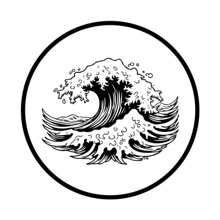 A black and white artistic illustration of a stylized ocean wave within a circular frame. This simple yet elegant image conveys the power and beauty of the sea, making it suitable for various creative projects.のイラスト素材