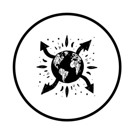 A simple, hand-drawn style illustration of Earth, surrounded by curved arrows pointing outwards, symbolizing global reach, connectivity, and expansion.のイラスト素材