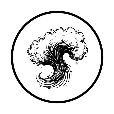 A black and white illustration of a stylized tsunami wave with flowing lines, enclosed within a circle. Ideal for logo design or artistic projects.のイラスト素材