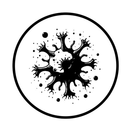 A stylized black and white illustration shows an abstract cell with branching structures, set within a circle. The design is reminiscent of neuron cells, biology, and scientific diagrams.のイラスト素材