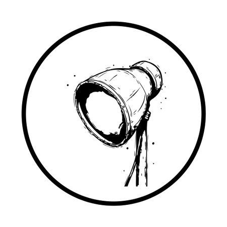 A black and white spotlight illustration enclosed in a circle. Perfect for highlighting creativity, stage presence, or design inspiration.のイラスト素材