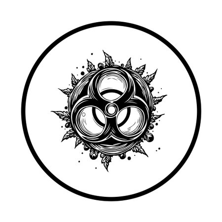 This illustration showcases a biohazard symbol surrounded by leaves within a circle, creating a design suitable for conveying warnings or highlighting science-related topics.のイラスト素材