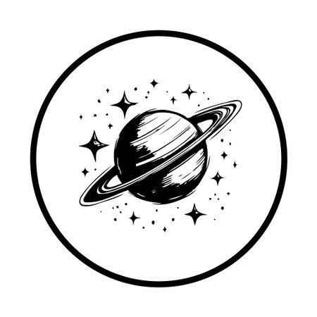 This black and white vector illustration features the planet Saturn surrounded by stars. It's ideal for projects related to space, astronomy, or celestial themes.のイラスト素材