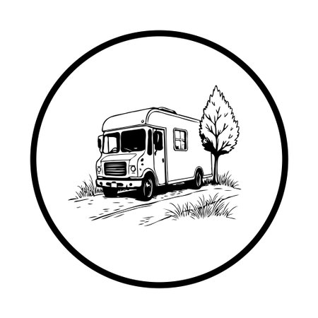 A vintage campervan illustration next to a tree, set within a circle. This minimalist design evokes feelings of travel, adventure, and the outdoor lifestyle.のイラスト素材