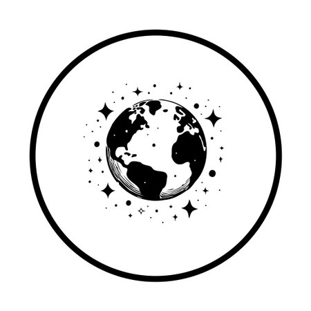 Minimalist black and white illustration of Earth surrounded by stars within a circle, symbolizing cosmic connection and the planet's beauty.のイラスト素材