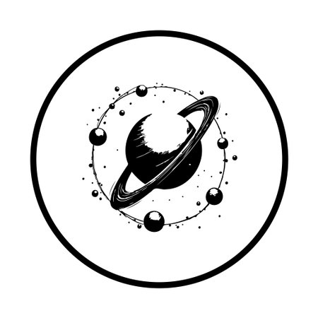 A vector graphic of Saturn with its moons and rings, rendered in black and white. It represents the wonders of space and astronomical exploration.のイラスト素材