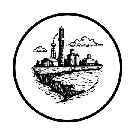 This black and white illustration depicts an industrial island with oil wells and refineries. It highlights the relationship between energy production and the natural landscape.のイラスト素材