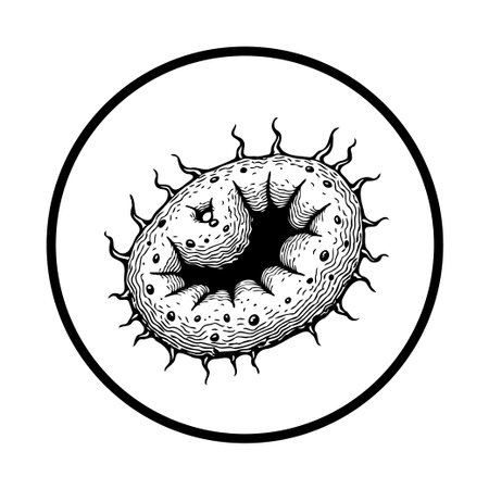 A black and white drawing depicts a germ with a mouth inside it's body, this artistic representation...