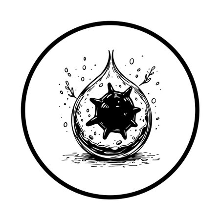 A black and white sketch illustration featuring a coronavirus representation inside a water droplet, symbolizing the pandemic and emphasizing health and hygiene awareness.のイラスト素材