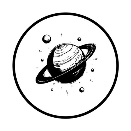 A black and white illustration of the planet Saturn, surrounded by its rings and other celestial bodies. A simple yet elegant design showcasing the beauty of space.のイラスト素材