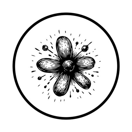A striking monochrome floral design captured within a circular frame. This botanical illustration showcases artistic elegance and natural charm, perfect for adding a touch of sophistication to any project.のイラスト素材