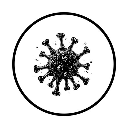 A stark monochrome image depicts a virus, symbolizing global health threats. It represents infectious diseases, epidemics, and the importance of hygiene in preventing the spread of pathogens.のイラスト素材
