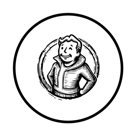 A vintage vault boy icon embodies a resilient spirit, with a cheerful expression and retro style, symbolizing hope and positive adaptation in a challenging post-apocalyptic world.のイラスト素材