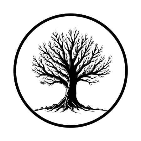 A minimalist black and white illustration features a bare tree with intricate roots within a circle. It represents themes of nature, growth, and resilience in a simple, artistic style.のイラスト素材
