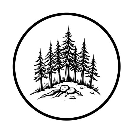 A forest landscape emblem design displaying tall trees with rough textured ground in a circle minimalist art concept. The design is in black and white vector format perfect for logo design and more.のイラスト素材