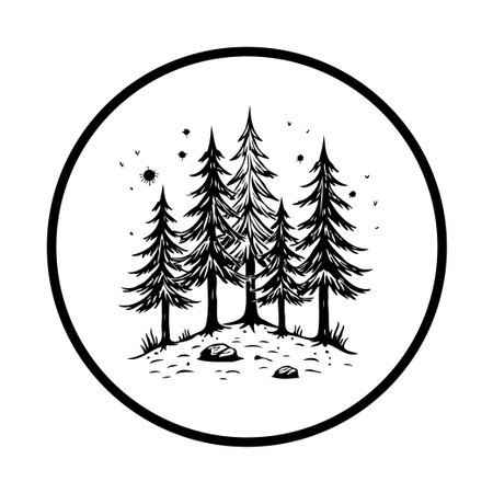 This is a hand drawn forest landscape illustration featuring evergreen trees, perfect for designs needing a touch of nature and simplicity.のイラスト素材