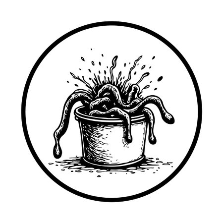A black and white illustration depicts a comical spaghetti monster in a pot. The design blends food with fantasy, appealing to quirky humor.のイラスト素材