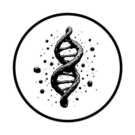 A black and white illustration shows a double helix DNA structure. The drawing is in a circular frame and conveys genetic science and biological research.のイラスト素材