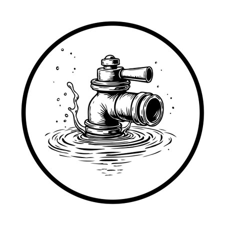 Detailed vector artwork featuring a faucet emitting water, creating ripples. Great for designs related to plumbing, sanitation, water resources, or industrial themes.のイラスト素材