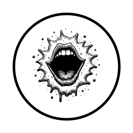 A captivating black and white graphic illustration of an open mouth screaming. The burst effect emphasizes the raw emotion and intensity of the vocal expression.のイラスト素材