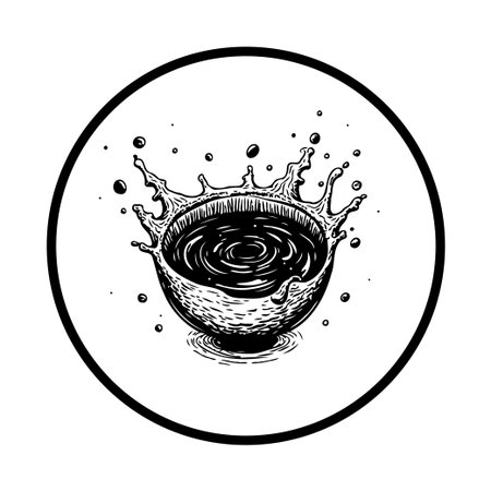 A hand-drawn style illustration featuring a bowl with a dynamic splash of dark liquid, creating a visually appealing and modern design suitable for various creative applications.のイラスト素材