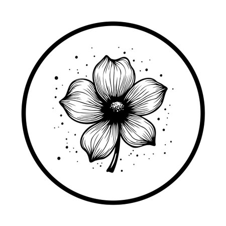 A black and white floral illustration showcases a flower within a circle, creating a minimalist yet elegant design. Perfect for botanical themes and artistic expressions.のイラスト素材