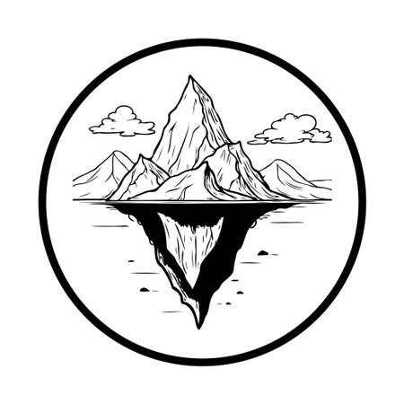 A monochrome circular illustration featuring a mountain range reflected in water. The design is simple and clean, with a hand-drawn style suitable for logos or emblems.のイラスト素材