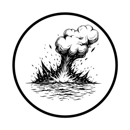 A monochromatic illustration shows a violent explosion creating a cloud of smoke and scattered debris, depicting immense power and destruction.のイラスト素材