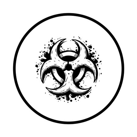 A grunge biohazard symbol illustration warns of biological risks. A hazardous material sign is designed with a warning, surrounded by a circular shape.のイラスト素材