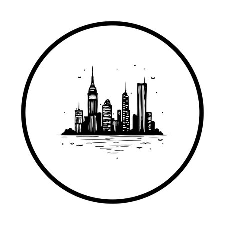 Black and white cityscape silhouette illustration featuring a modern urban skyline with skyscrapers. The minimalist design captures the essence of a bustling metropolis, set within a circular frame.のイラスト素材