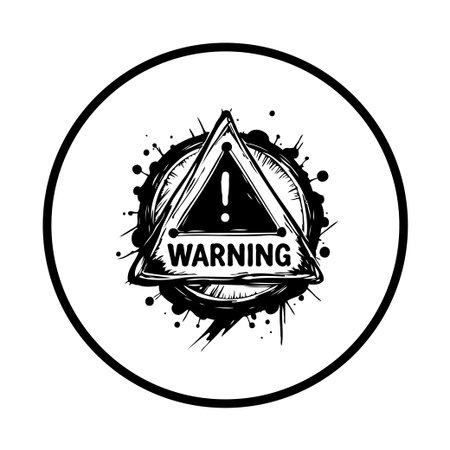 A grungy vector illustration of a triangle warning sign surrounded by black ink splashes. It's a graphic icon with a symbol of danger and caution.のイラスト素材